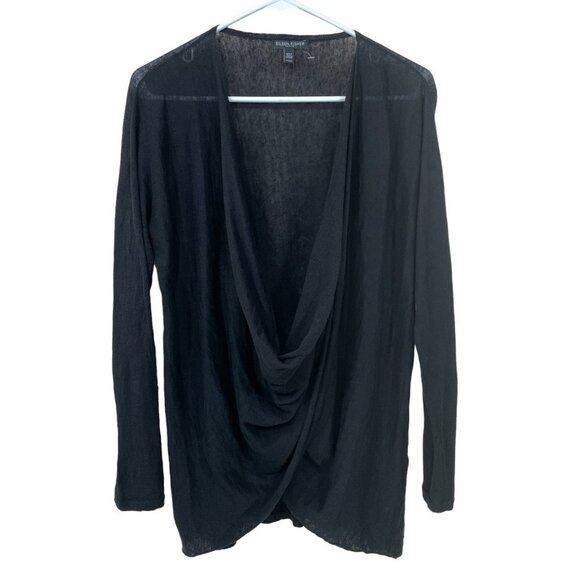 Eileen Fisher Size PS Organic Linen Blend Drape Open Front Long Sleeve Black Top - Picture 1 of 7